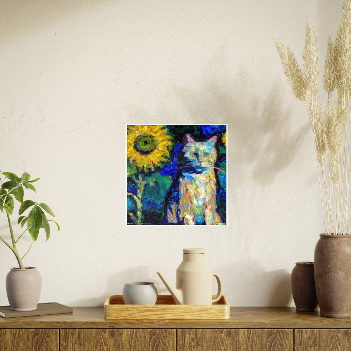 Sunflower & White Kitty - Photo Art Paper Poster